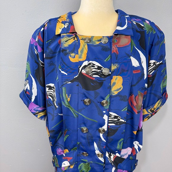 Vintage Dresses & Skirts - Vintage Midi Dress Women Size M Blue Floral 80s Drop Waist Retro Shoulder Pads